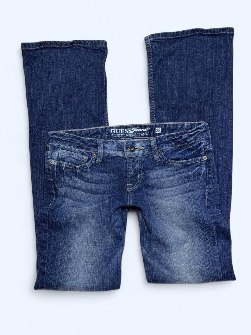 2000s Guess Women's Dark Indigo Super Low Rise Bootcut Jeans